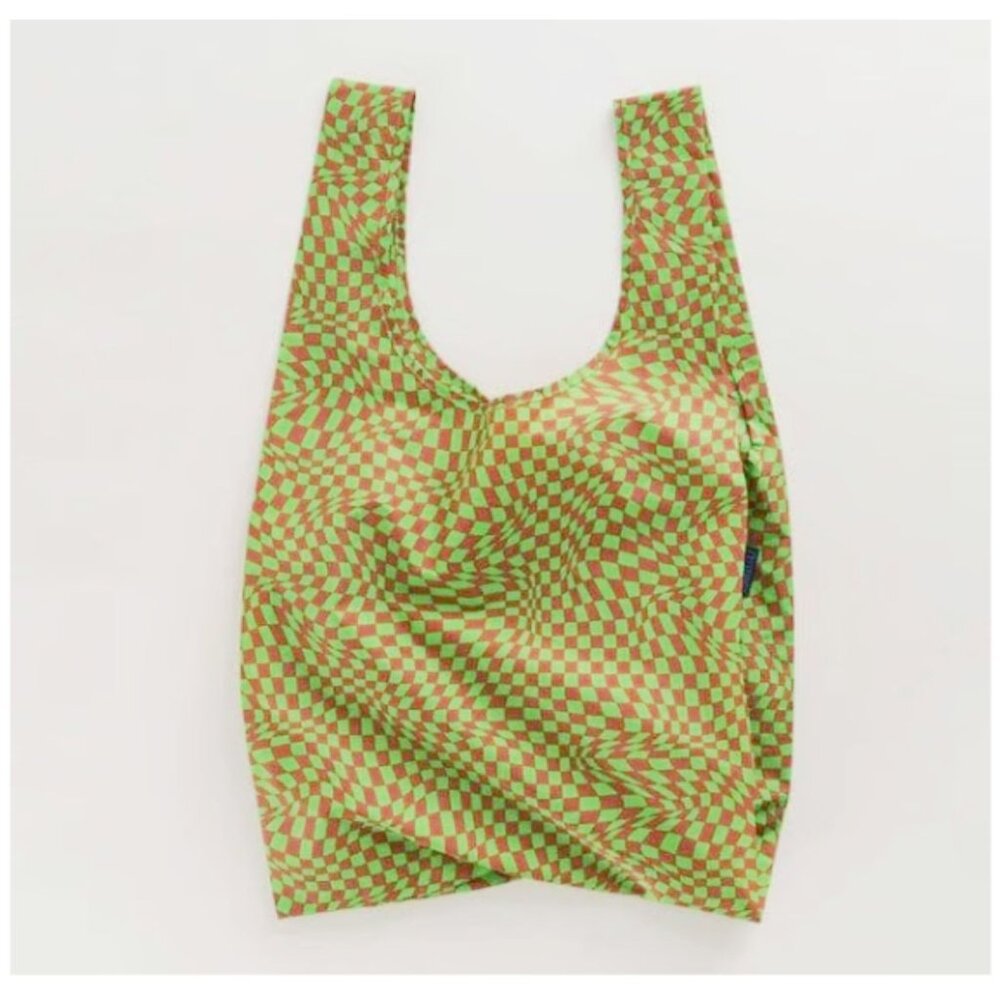 Baggu Green Trippy Checker Check Reusable Eco Bag Tote Nylon Folds Holds 50 lbs
